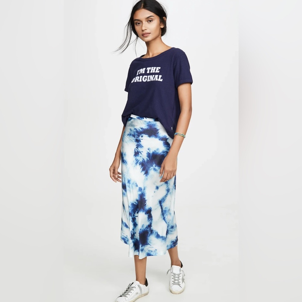 NWT Lioness Navy and White Tie-Dye Satin Midi Skirt Small